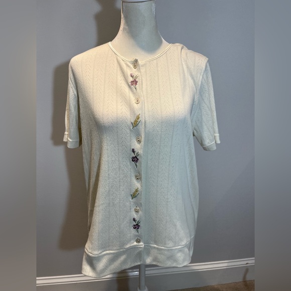 morning bleu Tops - Vintage morning blue white knit pointelle cardigan shirt dutton down size small